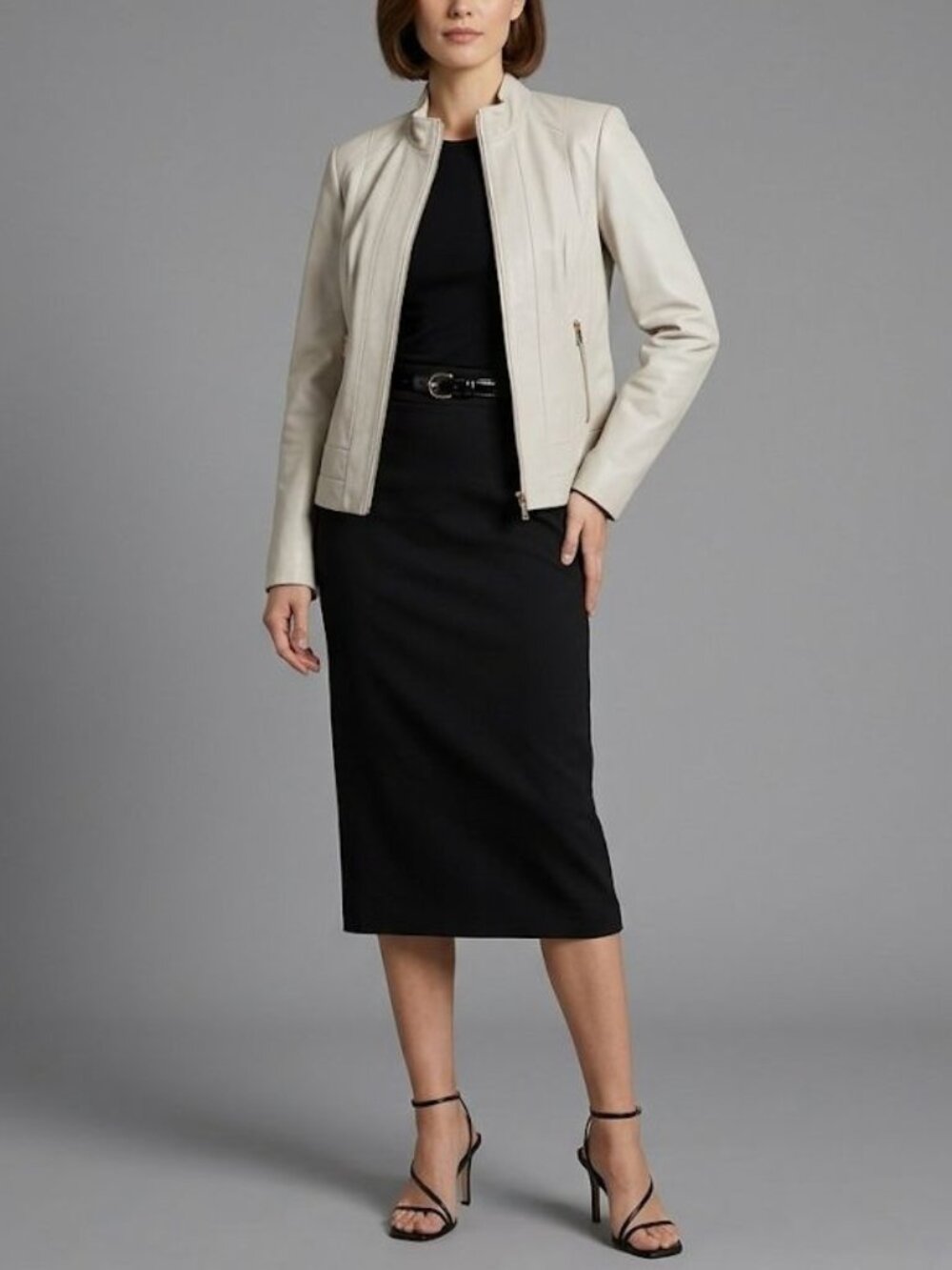 Wilsons Leather M Buttersoft Womens Slate White Clean Preppy Jacket Zip Pockets - Picture 11 of 16